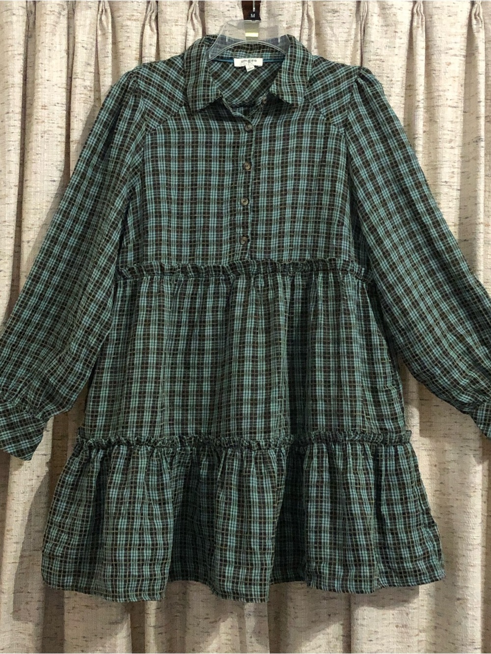 Umgee Long Sleeve Plaid Tiered Mini Dress - Large - Picture 1 of 7
